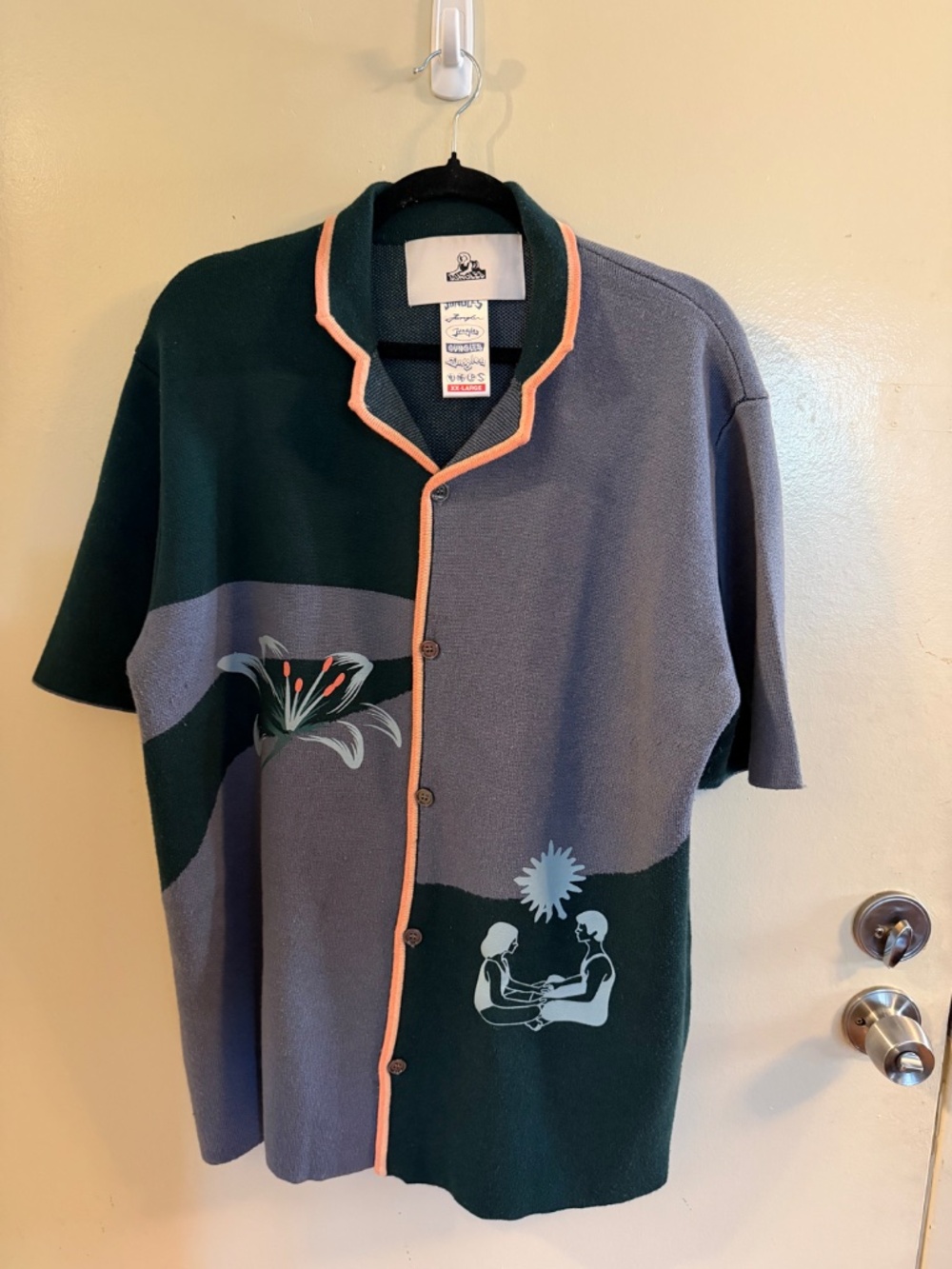 Jungles Graphic Knit Button-Up Shirt XXL Colorblock Camp Collar